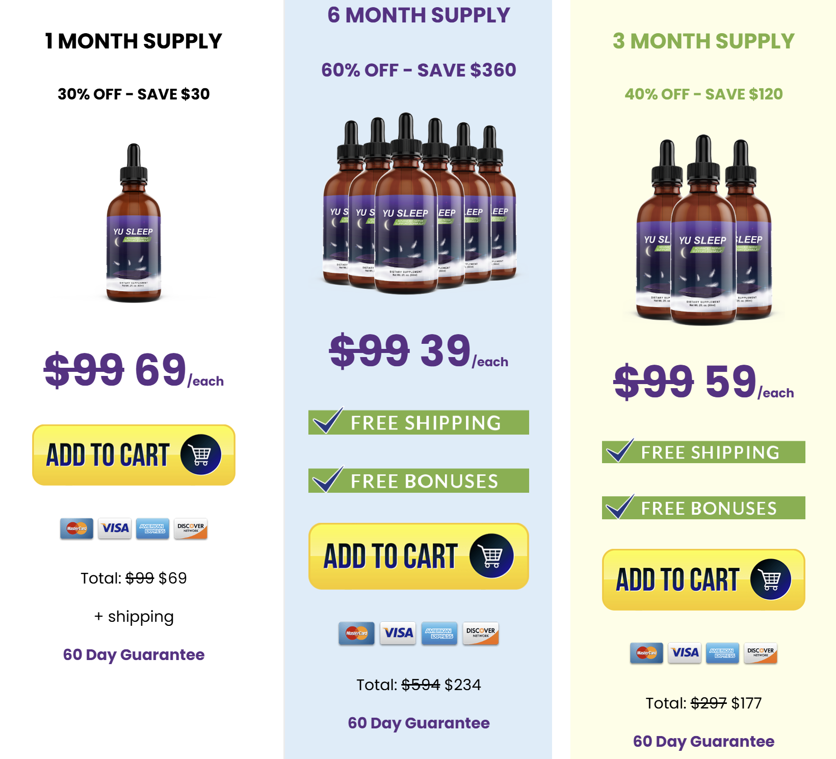 Yu Sleep pricing — 1, 3 and 6 bottle packages